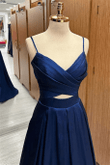 Navy Blue Satin A-line Straps V-neckline Party Dress, Navy Blue Formal Dress