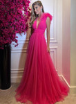 Beautiful Tulle Fuchsia Deep V-neckline Party Dress, A-line Tulle Long Prom Dress