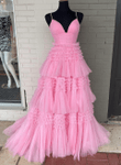Pretty V-Neck Pink Layers Tulle Long Party Dress, A-Line Spaghetti Strap Evening Dress