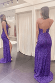 Purple Sequins Mermaid Long Party Dress with Leg Slit, Purple Formal Dress