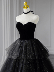 Black Sweetheart Neck Tulle Sequins Layers Long Prom Dress, Black Formal Dress