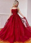 Wine Red Tulle with Lace Applique Long Party Dress, Wine Red Tulle Prom Dress
