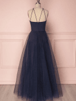A-line Tulle Navy Blue Long Straps Prom Dress,Navy Blue Tulle Long Evening Dress