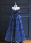 Blue Beaded Layers Tulle Straps Long Party Dress, Blue A-line Prom Dress
