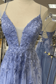Lavender Tulle V-neckline with Lace Applique Party Dress, A-line Long Prom Dress