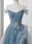 Blue Off Shoulder Tulle with Lace Long Party Dress, Blue A-line Prom Dress