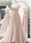 Pink Tulle V-neckline Straps with Lace Party Dress, Pink Tulle Prom Dress