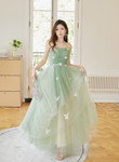 Light Green Tulle Straps A-line Long Formal Dress, Light Green Floor Length Prom Dress