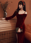 Elegant Wine Red Long Sleeves Mermaid Party Dress, Wine Red Long Prom Dress