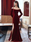 Elegant Wine Red Long Sleeves Mermaid Party Dress, Wine Red Long Prom Dress