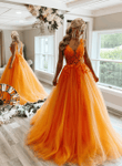 A-line Orange Tulle Lace Long Prom Dress, V-Neck Evening Dress Formal Dress