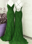 Green Lace Cross Back Mermaid Long Party Dress, Green Lace Evening Dress Prom Dress