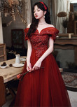 Wine Red Off Shoulder Tulle Beaded Prom Dress, Wine Red Long Party Dress