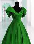 Green Satin A-line Long Party Dress, Green Beaded Long Formal Dress