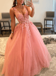 Pink Tulle Princess A-line V Neck Sweep Train Prom Dress With Appliques, Pink Party Dress
