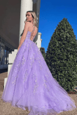 Light Purple Tulle Long Straps with Lace Long Party Dress, Light Purple Prom Dress