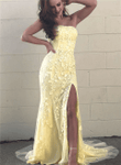 Light Yellow Mermaid Long Party Dress with Leg Slit, Light Yellow Prom Dress