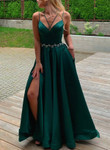 A-line Green V Neck Satin Sweep Train Prom Dress, Green Long Party Dress
