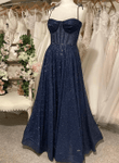 A-line Navy Blue Long Shiny Tulle Prom Dress, Navy Blue Long Party Dress