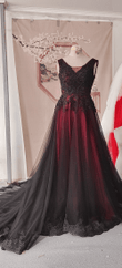 Black and Red Tulle Beaded Long V-neckline Party Dress, Black and Red Formal Dress