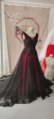 Black and Red Tulle Beaded Long V-neckline Party Dress, Black and Red Formal Dress