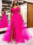 A-line Fuchsia V-Neck Sheer Bodice A-Line Long Prom Dress with Slit, Long Party Dress