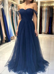 Navy Blue Simple Tulle A-line Long Prom Dress, Navy Blue Bridesmaid Dress