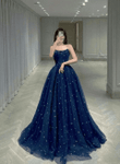 Navy Blue Straps Stars Tulle A-line Long Prom Dress, Navy Blue Party Dress