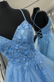Blue V-neckline Cross Back Tulle Long Party Dress, Blue Prom Dress