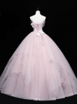 Pink Tulle Ball Gown Long Sweet 16 Dress with Flowers, Pink Formal Dress