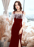 Beautiful Wine Red Off Shoulder Long Party Dress, Wine Red Velvet Prom Dress