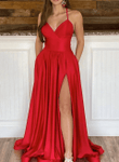 Red V Neck Backless Satin Long Prom Dress with High Slit, V Neck Red Evening Dress