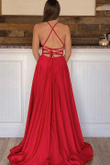 Red V Neck Backless Satin Long Prom Dress with High Slit, V Neck Red Evening Dress