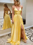 A-line Yellow Straps Lace-up Long Party Dress, Yellow Satin Prom Dress