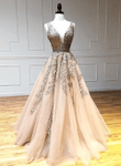 Champagne Beaded V-neckline Tulle Long Party Dress, A-line Tulle Prom Dress