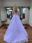 Light Purple Tulle Long Lace Applique Party Dress, Light Purple Prom Dress