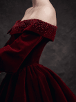 Wine Red Velvet Long Sleeves Beaded Party Dress, Wine Red Prom Dress