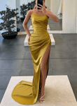 Gold Satin with Leg Slit Long Prom Dress, Gold Evening Dress Party Dress