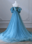 A-line Blue Tulle Neck Tulle Blue Long Prom Dress, Blue Long Evening Dress