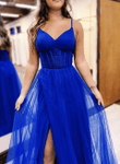 Royal Blue A-Line V Neck Tulle Long Prom Dress, Blue Tulle Party Dress