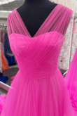 Hot Pink Tulle Long A-line Prom Dress, Pink Long Formal Party Dress