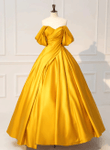 Off the Shoulder Yellow Satin Long Prom Dress, Off Shoulder Yellow Sweet 16 Dress