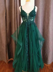 Green Tulle V Neck Long Prom Dress with Lace, V Neck Long Green Lace Formal Evening Dress
