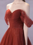 Wine Red Off Shoulder A-line Tulle Prom Dress, Wine Red Tulle Party Dress