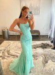 Beautiful Mint Blue Mermaid Straps with Lace Party Dress, Mint Blue Long Prom Dress