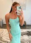 Beautiful Mint Blue Mermaid Straps with Lace Party Dress, Mint Blue Long Prom Dress