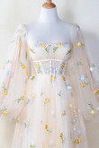 Light Champagne Floral Tulle Long Party Dress, A-line Long Sleeves Prom Dress
