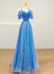 A-line Blue Beaded Short Sleeves Prom Dress, Blue Stars Long Evening Dress