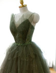 Green Tulle Layers Beaded Long Party Dress, A-line Green Evening Dress Prom Dress