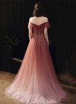 Lovely Pink Gradient Tulle Beaded Off Shoulder Party Dress, Pink Long Prom Dress